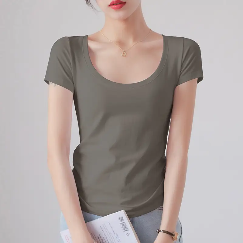 Women Grey Slim Fit T-Shirt Short Sleeve Round Neck - Image 16
