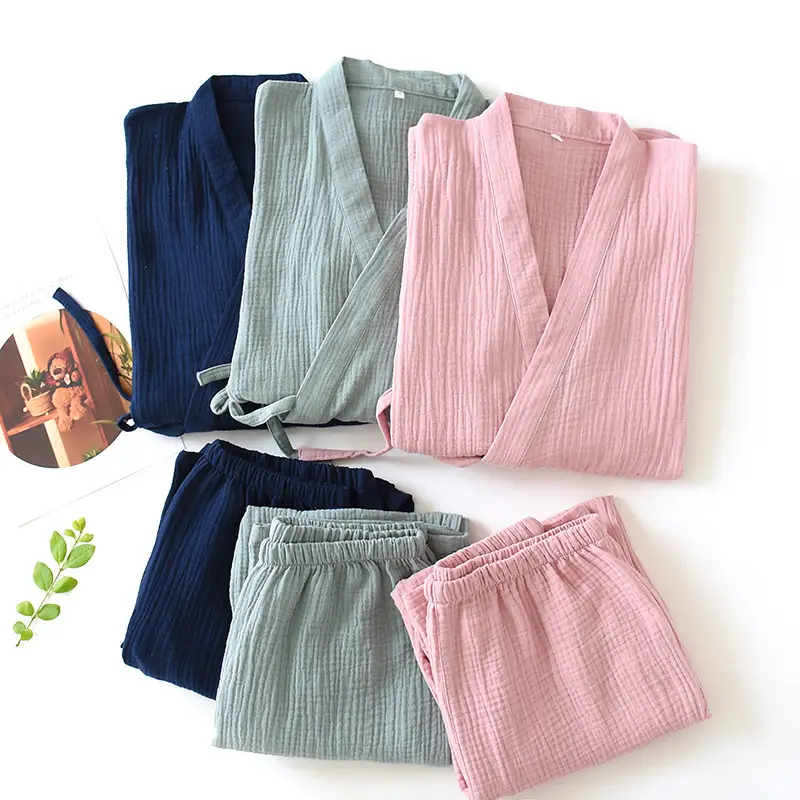 Spring and Summer Thin Cotton Yarn Double Gauze Pajamas Women's Japanese Kimono Bathrobe Men's Home Clothes Kimono Cardigan Lace