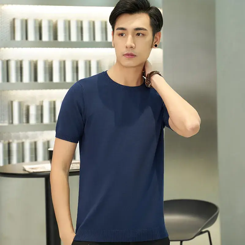 Men White Knit T-Shirt Round Neck Thin Casual - Image 6