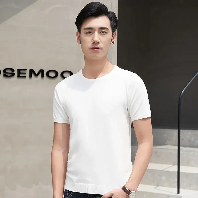 Men White Knit T-Shirt Round Neck Thin Casual - Image 7