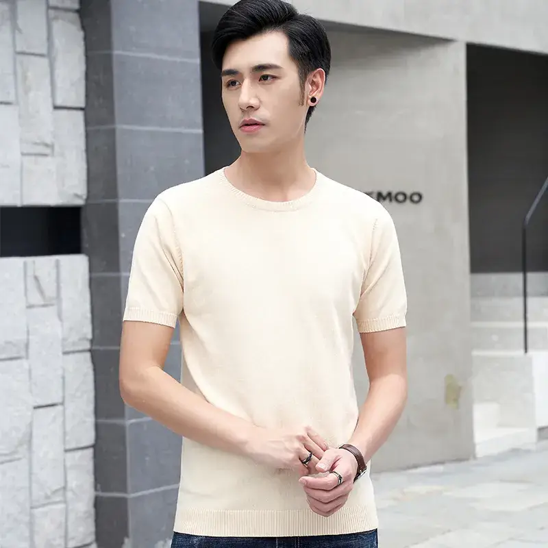 Men White Knit T-Shirt Round Neck Thin Casual - Image 8