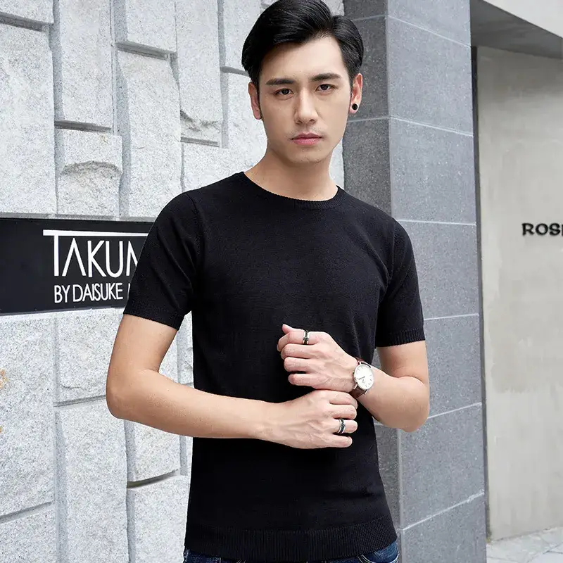 Men White Knit T-Shirt Round Neck Thin Casual - Image 2