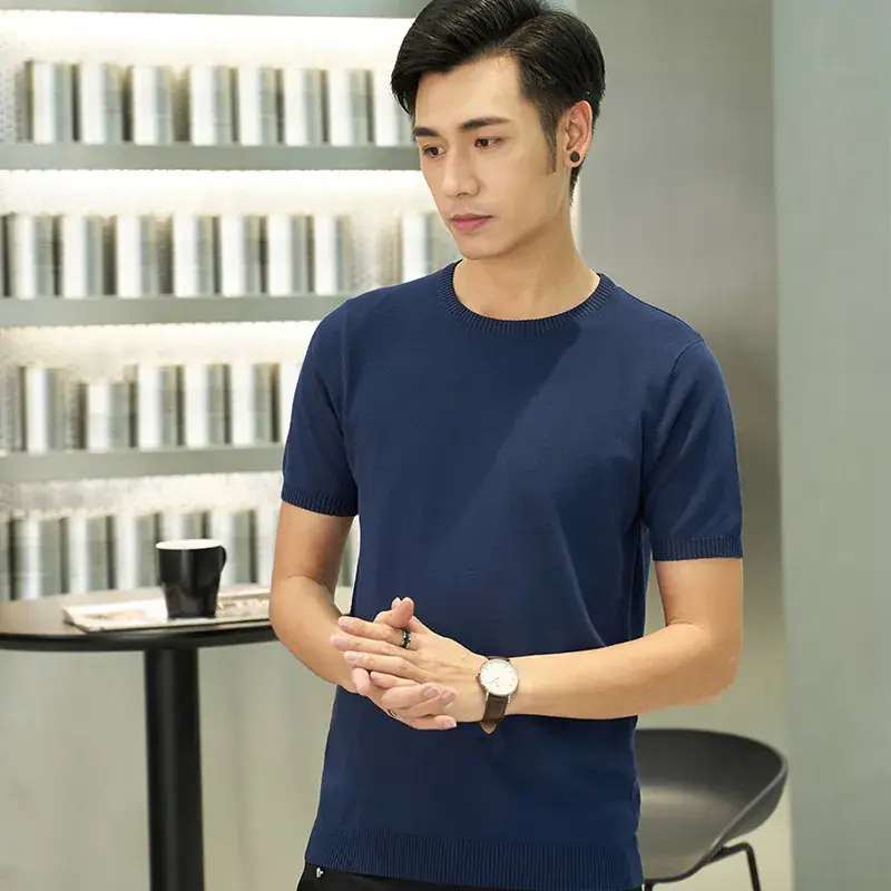 Men White Knit T-Shirt Round Neck Thin Casual - Image 3