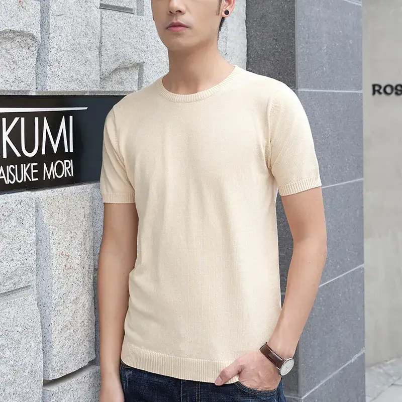 Men White Knit T-Shirt Round Neck Thin Casual - Image 4