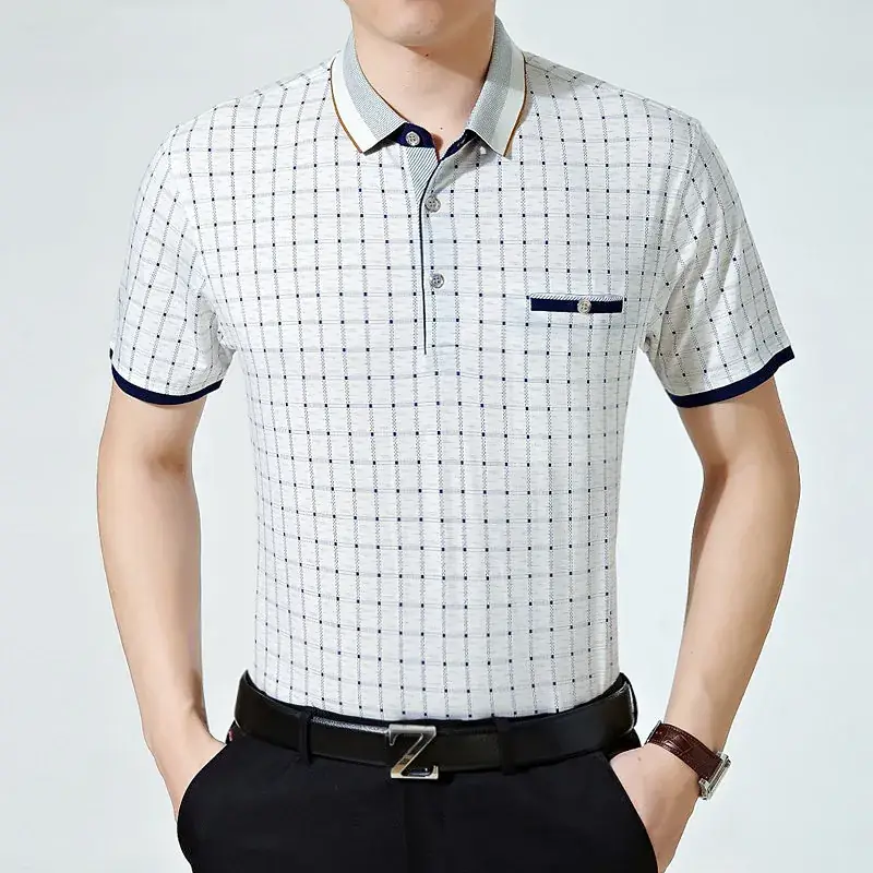 Men's White Grid Polo Shirt with Blue Trim - Image 3