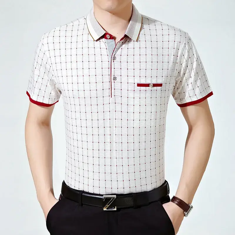 Men's White Grid Polo Shirt with Blue Trim - Image 4