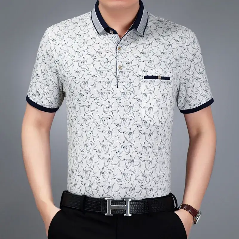 Men's White Grid Polo Shirt with Blue Trim - Image 5