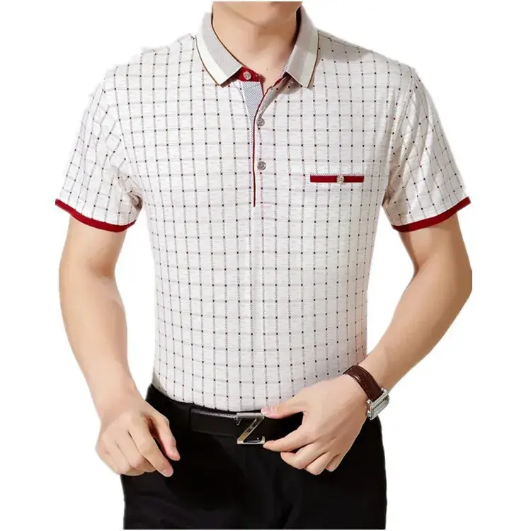Men's White Grid Polo Shirt with Blue Trim - Image 6