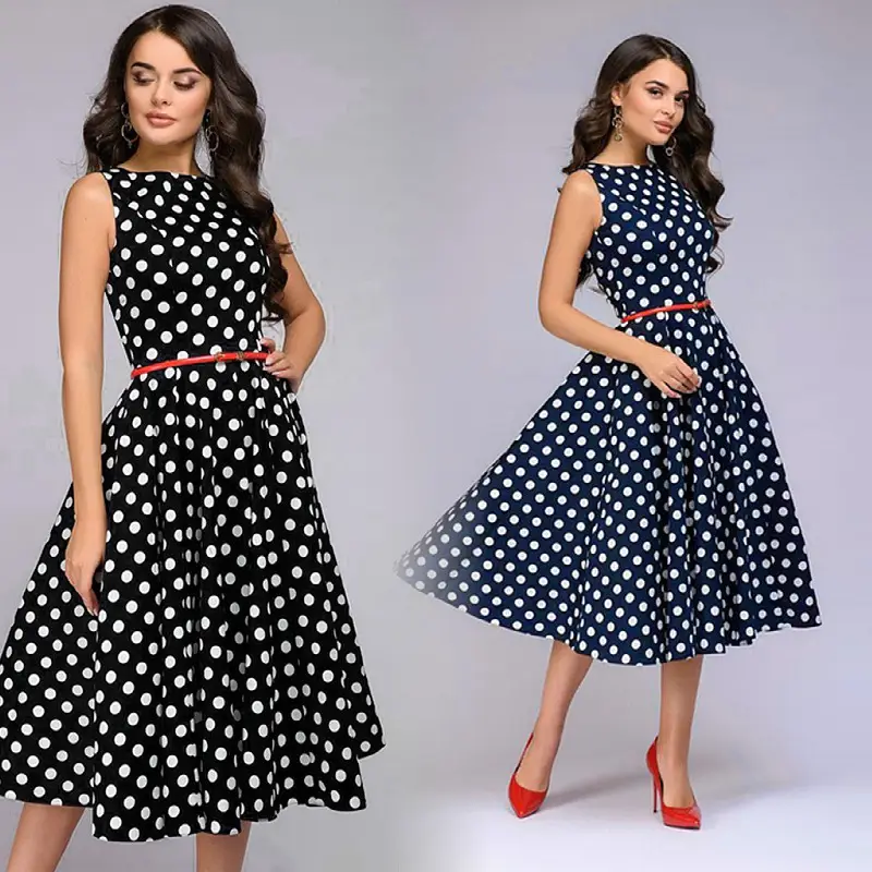 Women's Navy Polka Dot High Waist Summer Dress