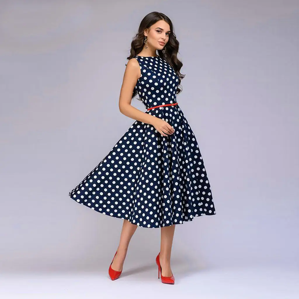 Women's Navy Polka Dot High Waist Summer Dress - Image 5