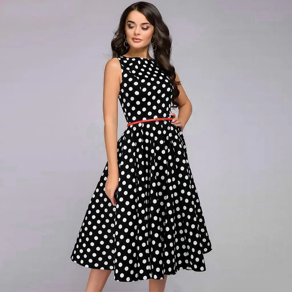 Women's Navy Polka Dot High Waist Summer Dress - Image 2