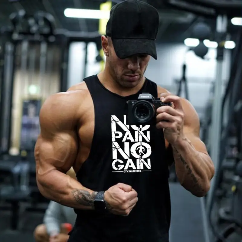 Men No Pain No Gain Sleeveless White Bodybuilder Vest