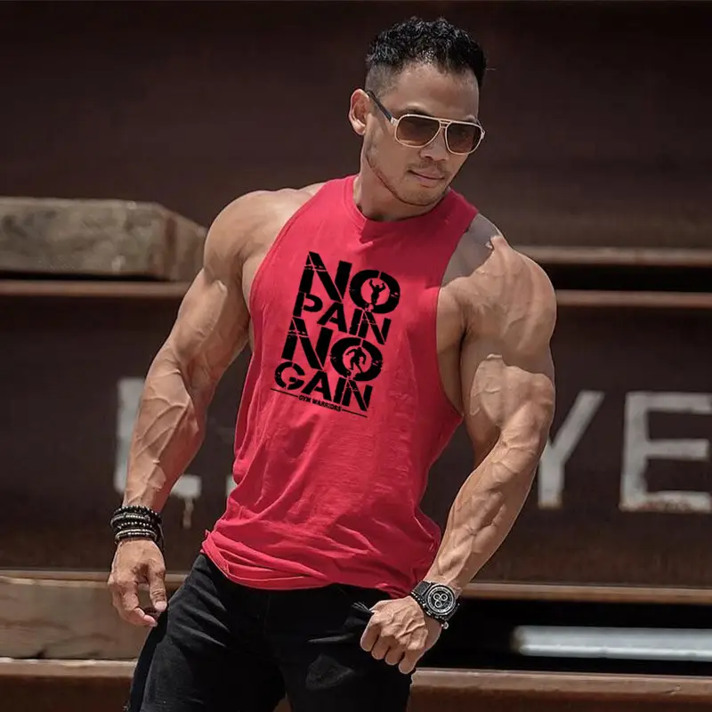 Men No Pain No Gain Sleeveless White Bodybuilder Vest