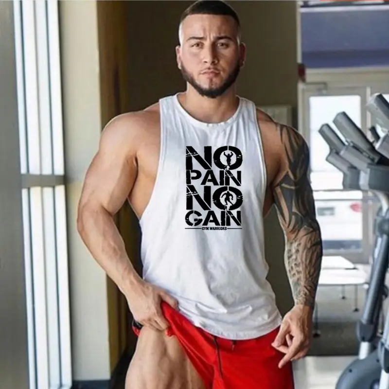 Men No Pain No Gain Sleeveless White Bodybuilder Vest