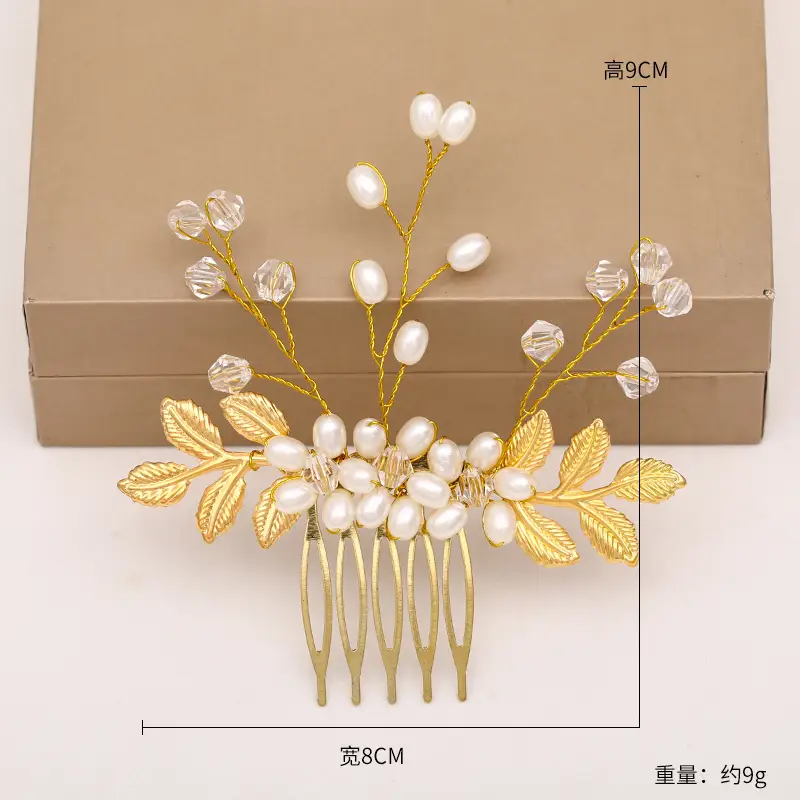 Golden Pearl Hair Comb with Leaf Design for Weddings - Image 4
