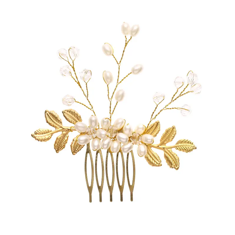 Golden Pearl Hair Comb with Leaf Design for Weddings - Image 5
