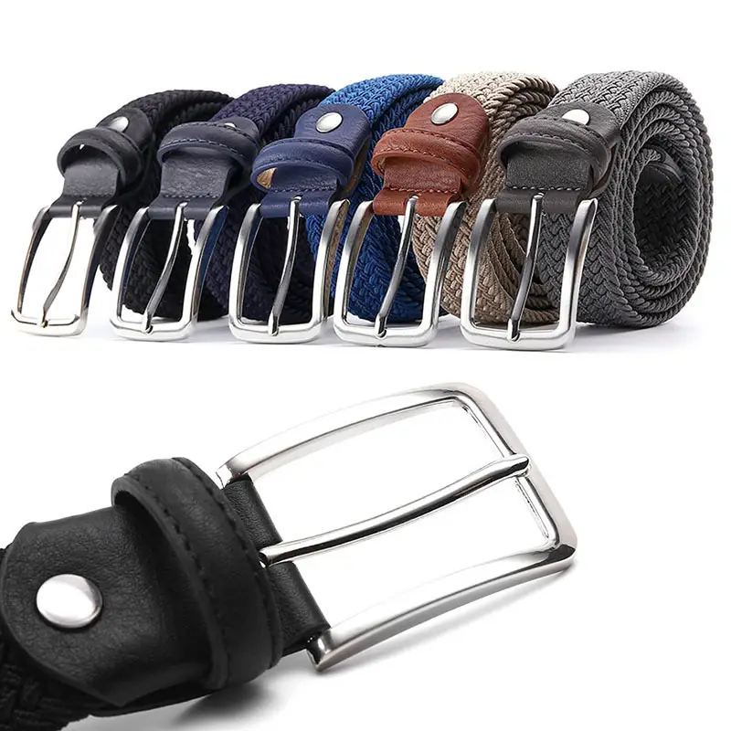 Men's Blue Yellow Braided Elastic Belt with Pin Buckle - Image 25