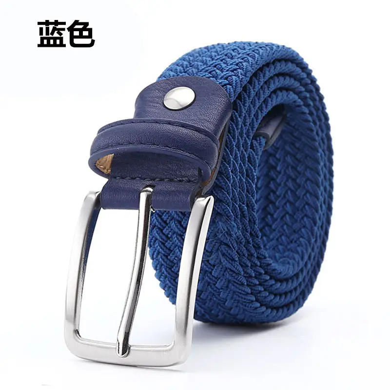 Men's Blue Yellow Braided Elastic Belt with Pin Buckle
