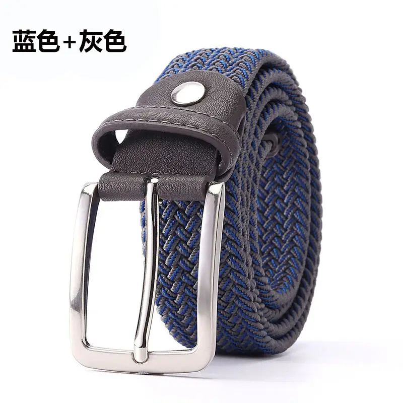 Men's Blue Yellow Braided Elastic Belt with Pin Buckle - Image 13