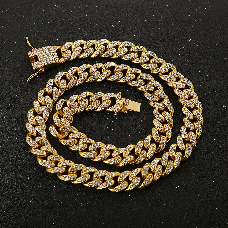 Full Diamond Cuban Chain Necklace Gold Silver Set