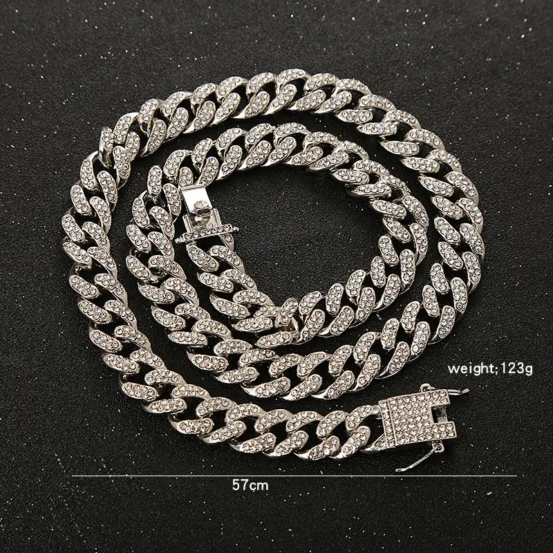 Full Diamond Cuban Chain Necklace Gold Silver Set