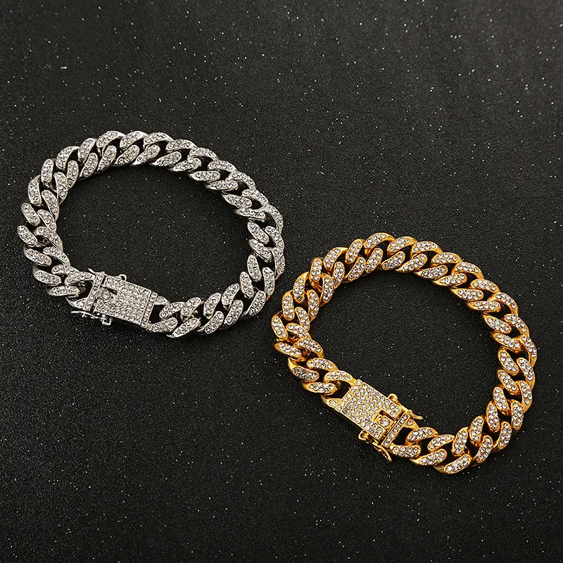 Full Diamond Cuban Chain Necklace Gold Silver Set