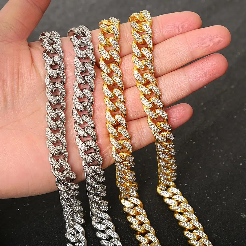Full Diamond Cuban Chain Necklace Gold Silver Set