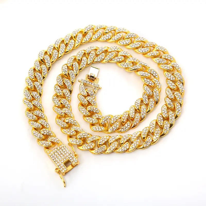 Full Diamond Cuban Chain Necklace Gold Silver Set