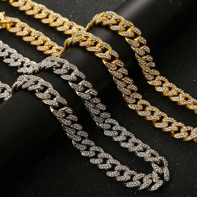 Full Diamond Cuban Chain Necklace Gold Silver Set