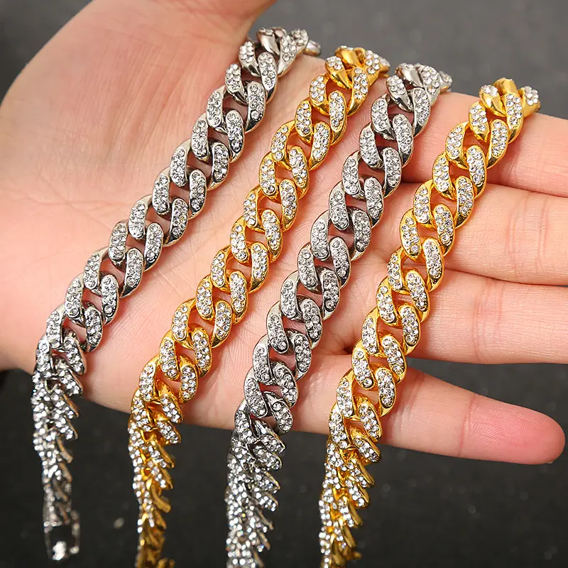 Full Diamond Cuban Chain Necklace Gold Silver Set