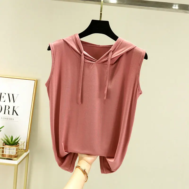 Women's Pink Hooded Vest T-Shirt Plus Size - Image 10