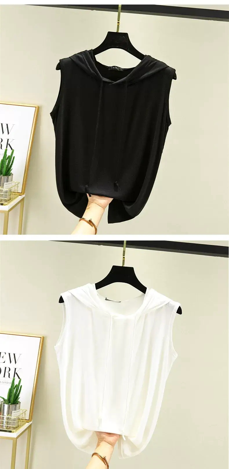 Women's Pink Hooded Vest T-Shirt Plus Size — feature 11
