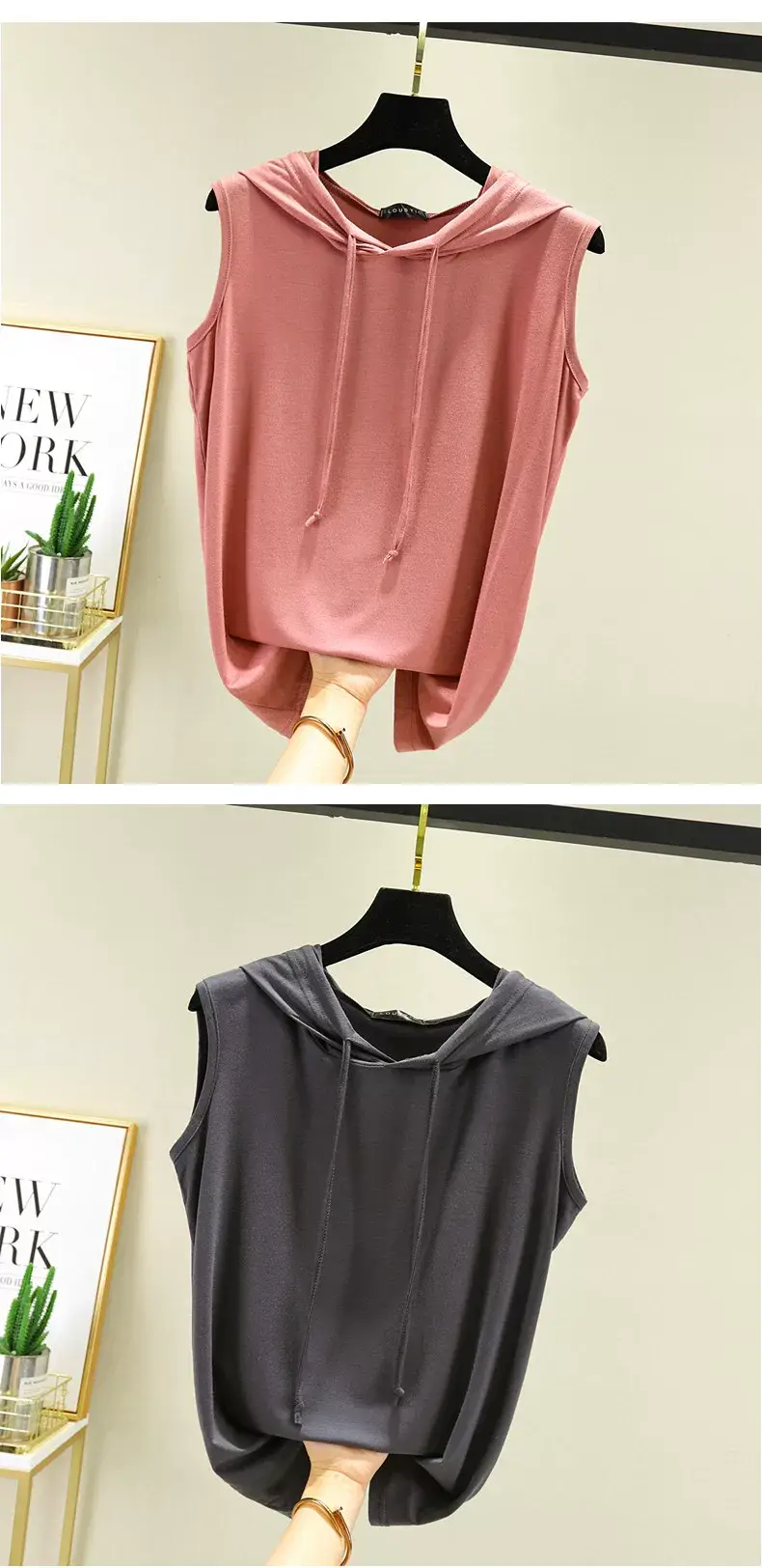 Women's Pink Hooded Vest T-Shirt Plus Size — feature 12