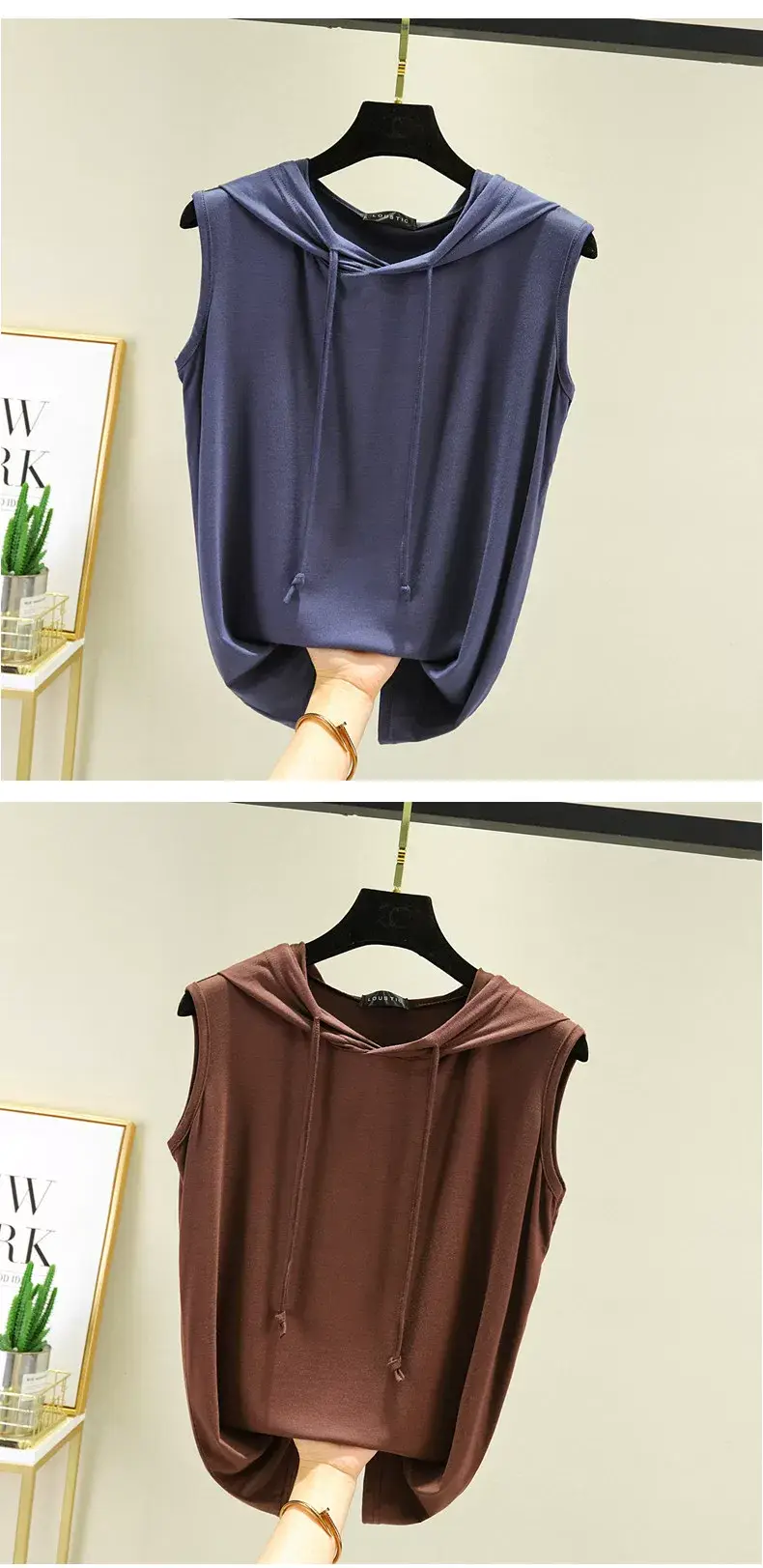 Women's Pink Hooded Vest T-Shirt Plus Size — feature 14