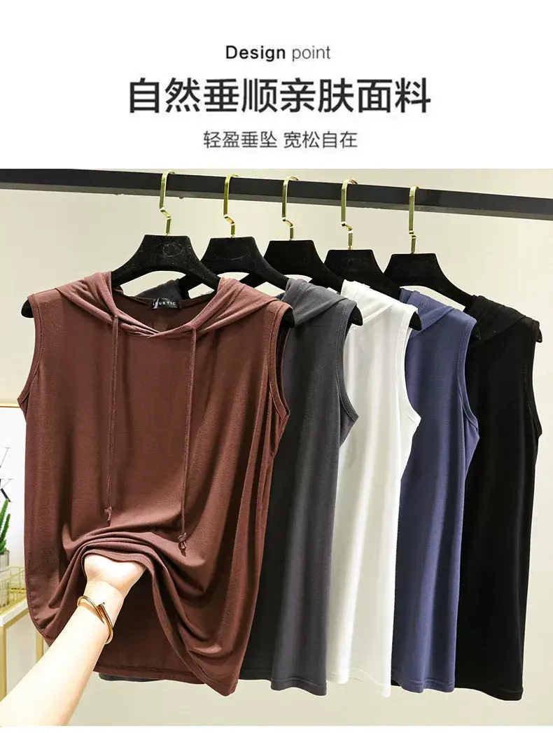 Women's Pink Hooded Vest T-Shirt Plus Size — feature 4