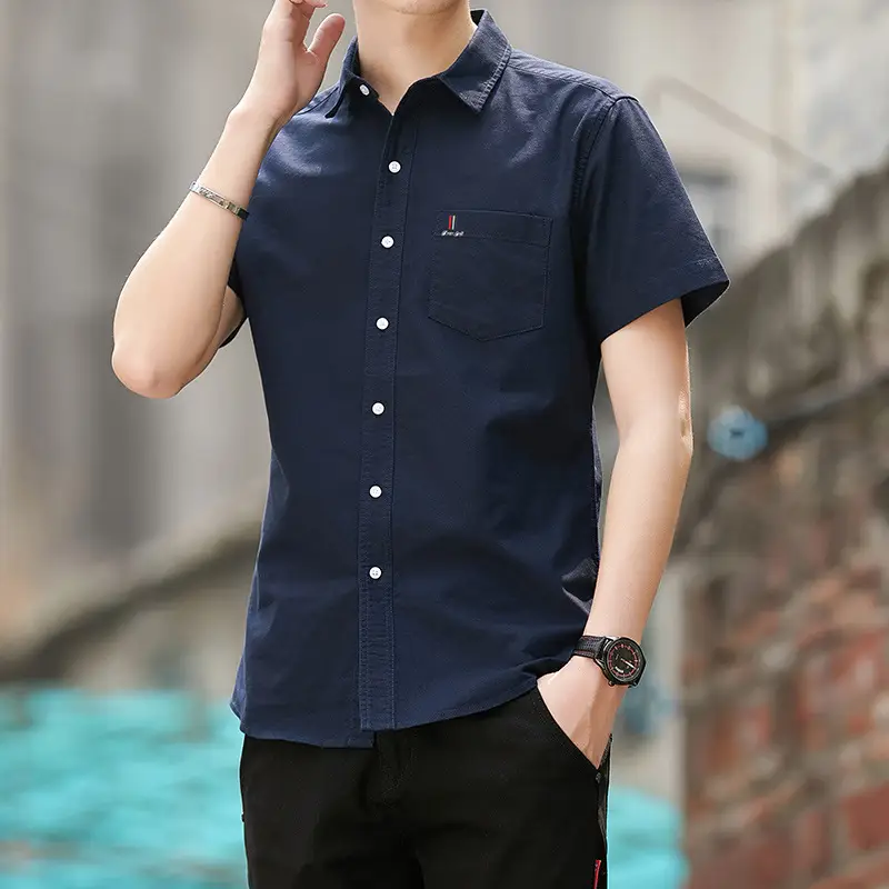Men Navy Blue Short Sleeve Oxford Cotton Shirt