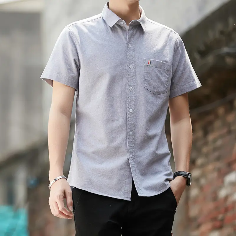 Men Navy Blue Short Sleeve Oxford Cotton Shirt