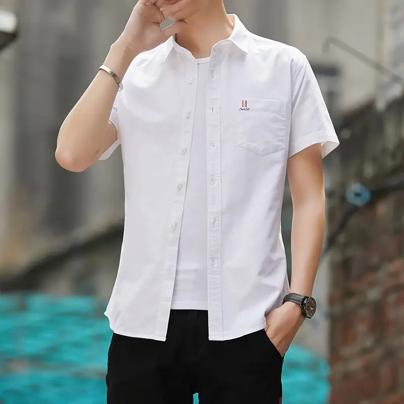 Men Navy Blue Short Sleeve Oxford Cotton Shirt
