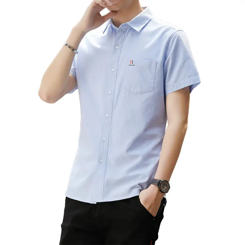 Men Navy Blue Short Sleeve Oxford Cotton Shirt