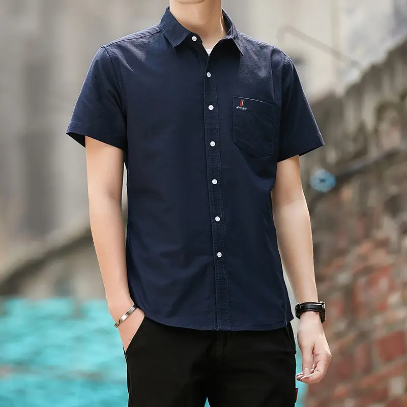 Men Navy Blue Short Sleeve Oxford Cotton Shirt