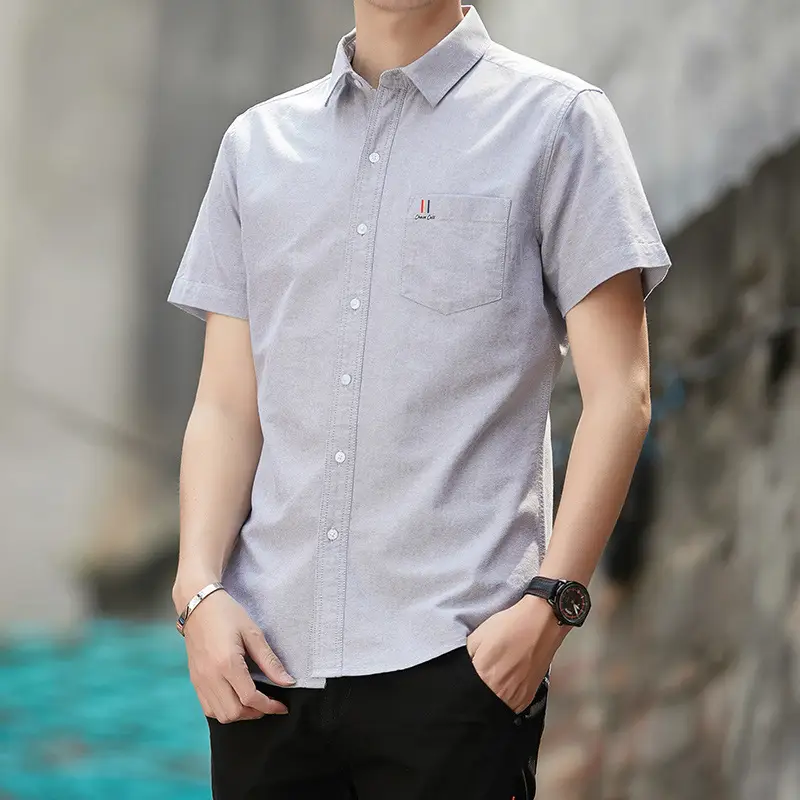 Men Navy Blue Short Sleeve Oxford Cotton Shirt