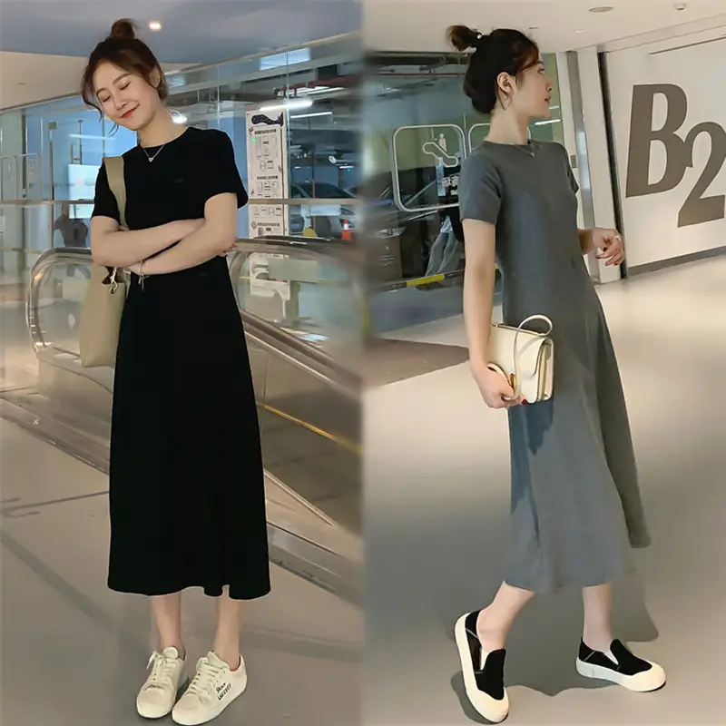 Black Korean Style Loose Sleeve Mid-Length A-Line Dress