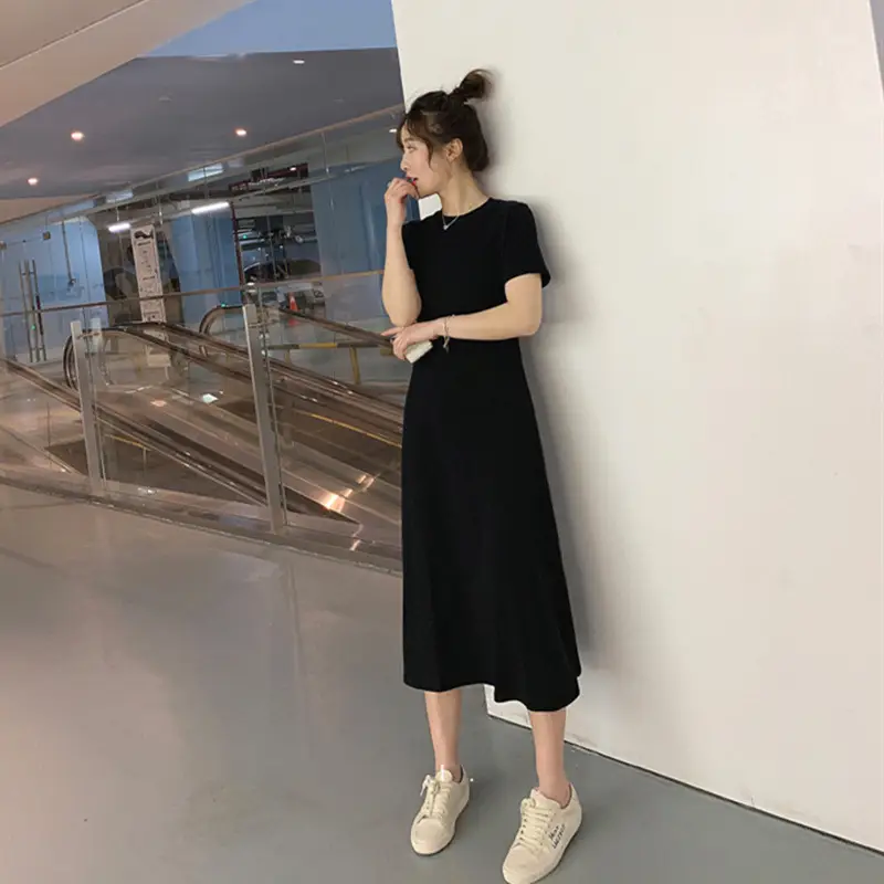 Black Korean Style Loose Sleeve Mid-Length A-Line Dress