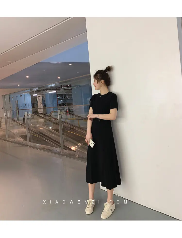 Black Korean Style Loose Sleeve Mid-Length A-Line Dress — feature 15