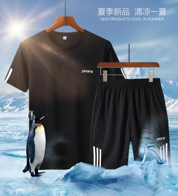 Men Black Penguins Sports T-Shirt & Shorts Set - Image 6
