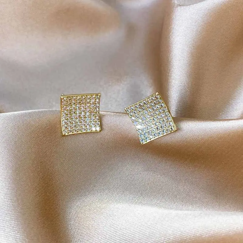 Full Diamond Square S925 Silver Needle Zircon Earrings