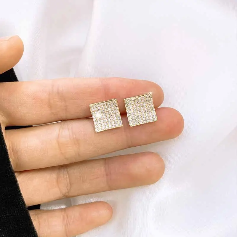 Full Diamond Square S925 Silver Needle Zircon Earrings