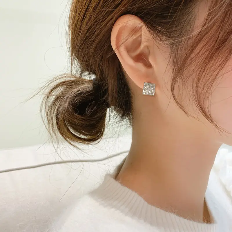 Full Diamond Square S925 Silver Needle Zircon Earrings
