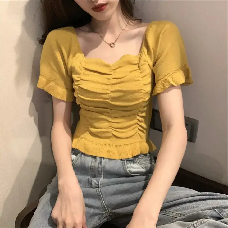 Women Red French Style Short Top with Clavicle
