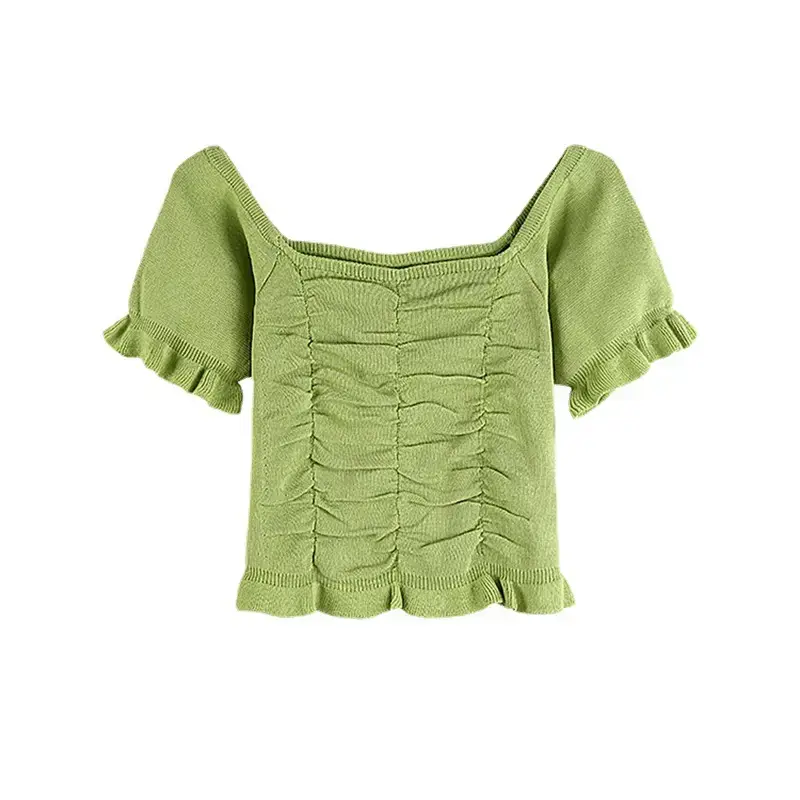 Women Red French Style Short Top with Clavicle